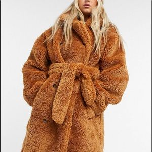 ASOS belted longline teddy overcoat
in tobacco
